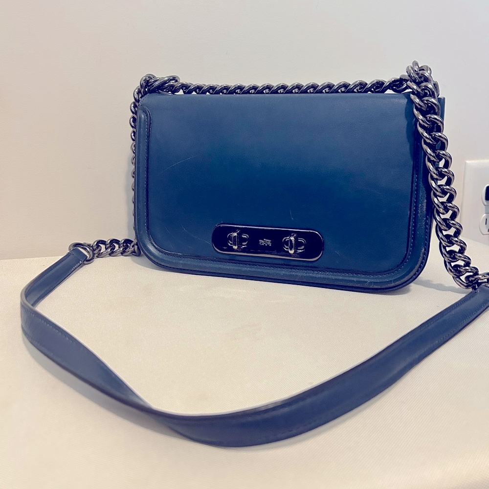 Coach Navy Leather Chain Shoulder Bag